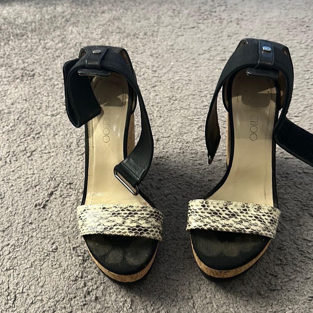 Jimmy Choo Neston Snakeskin Cork Wedge Sandals